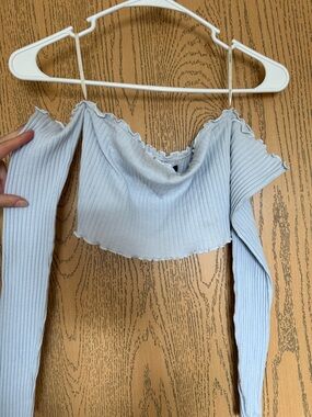 Forever 21 Light Blue Ribbed Off-Shoulder Long Sleeve Crop Top